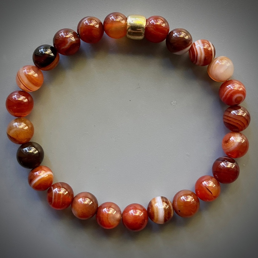 Red Orange Striped Agate Handcrafted Bead Bracelet